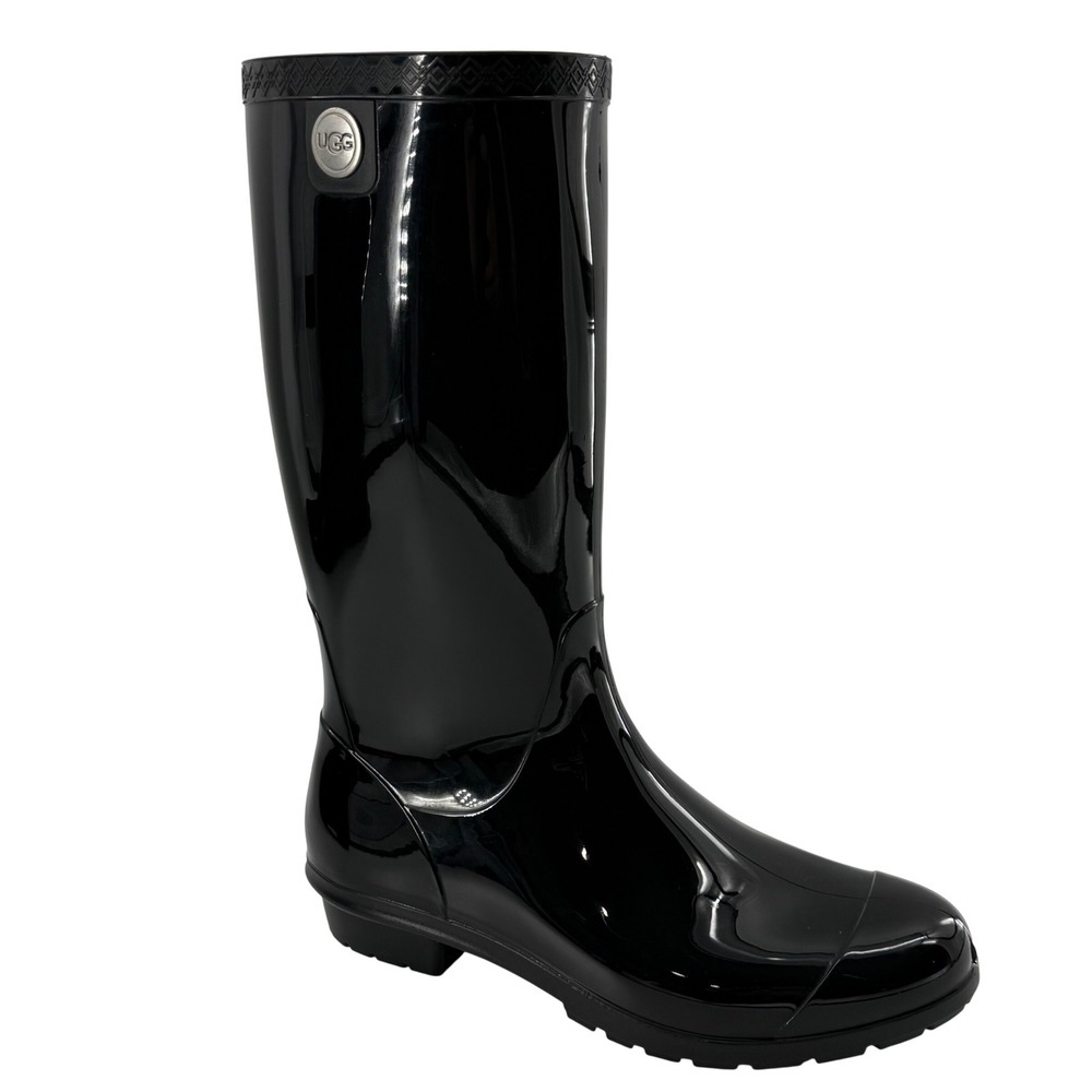 UGG Womens 9 Shaye Rain Boots Black‎ Glossy Waterproof Sheepskin Insole 1012350